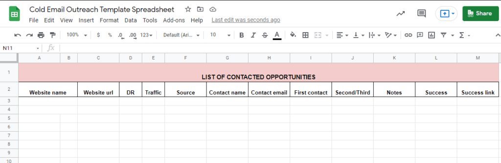 sheet template outreach