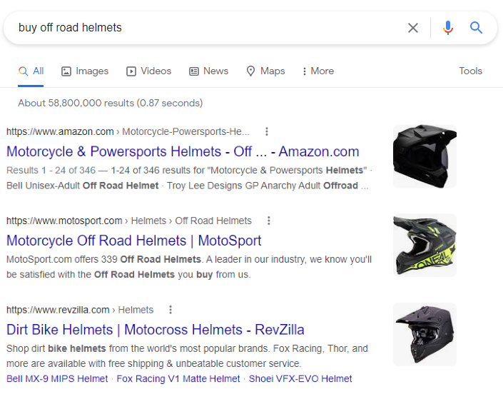 Squarespace SEO - google search results for buy off road helmets