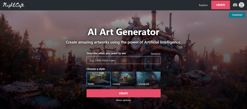 AI Art Generator - NightCafe Homepage