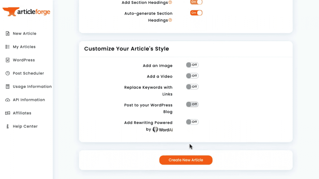 AI Story Generator - Article Forge Options