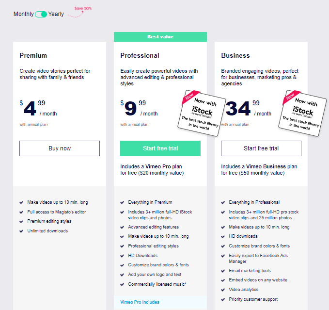 AI Video Editing - Magisto Pricing