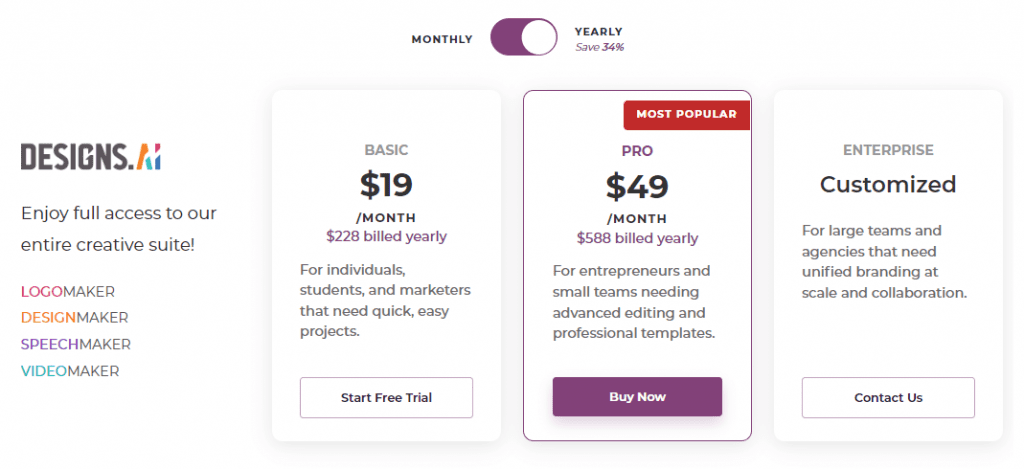 AI Video Generator - Designs.ai Pricing