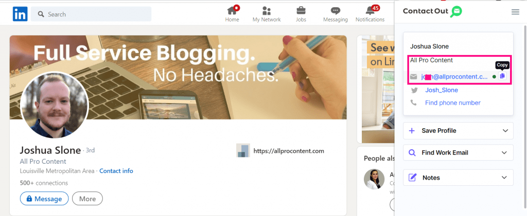 Prospecting: ContactOut showing validated email address on LinkedIn