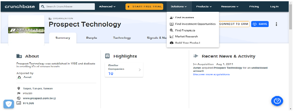 Prospecting: Crunchbase software platform