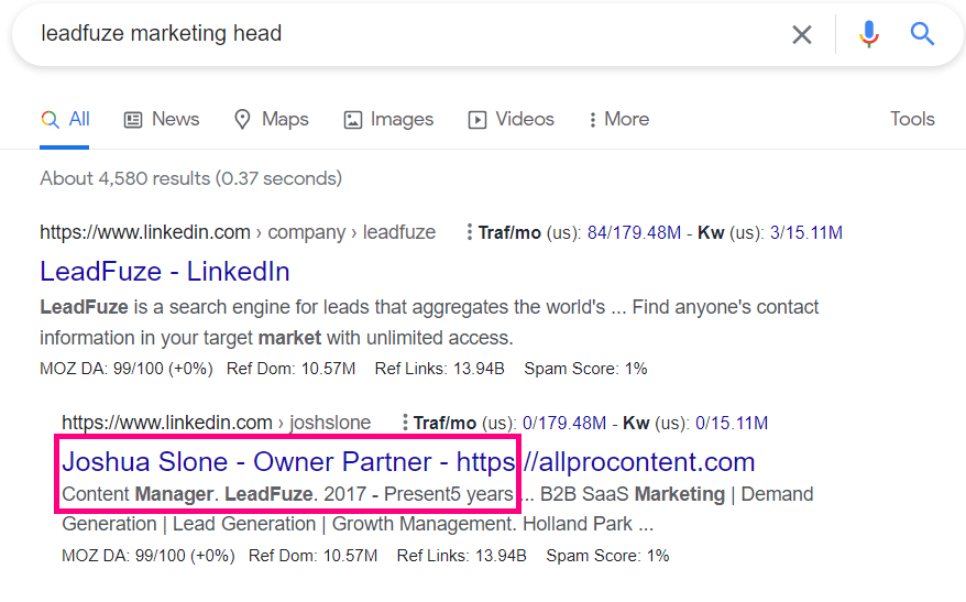 Prospecting: Google search results for a key decision maker