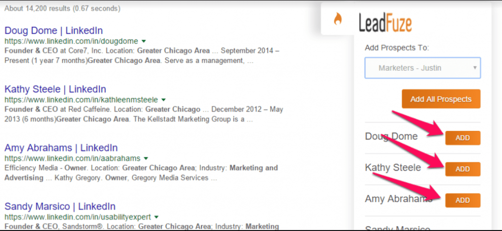 Prospecting: LeadFuze showing prospects on Google