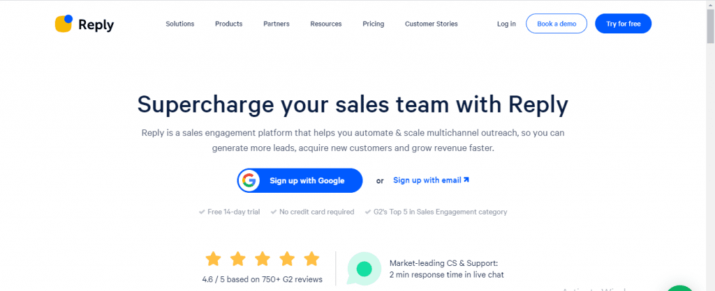 Prospecting: Reply.io homepage