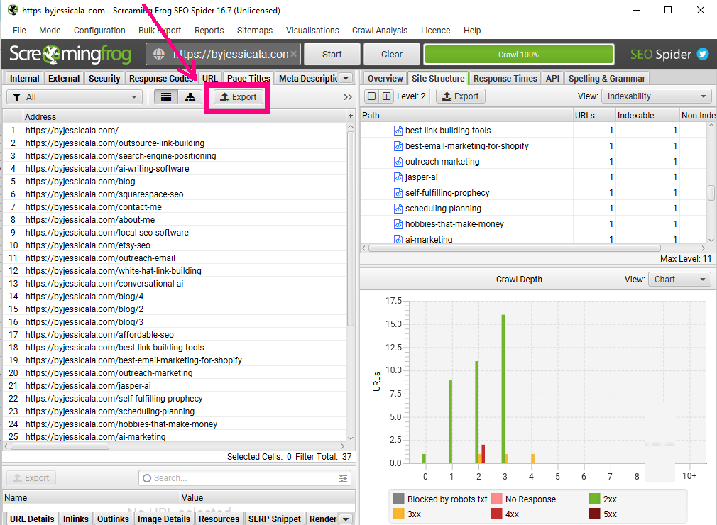 Content Gap Analysis - Screaming Frog crawling a site's urls