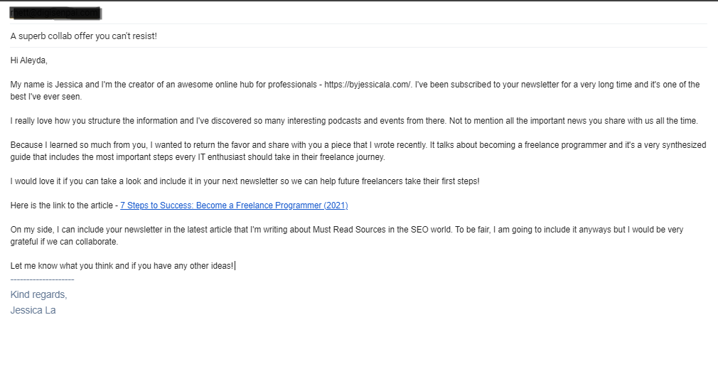 Guest post outreach - Personalized email example