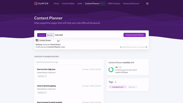Surfer SEO - Keyword Planner Report