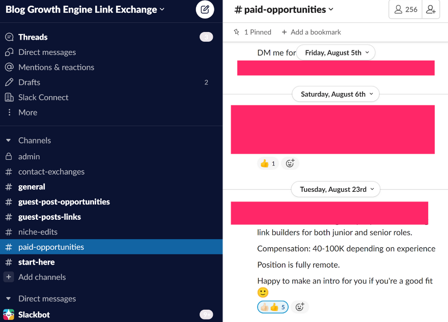 Adam Enfroy: Link exchange slack screenshot