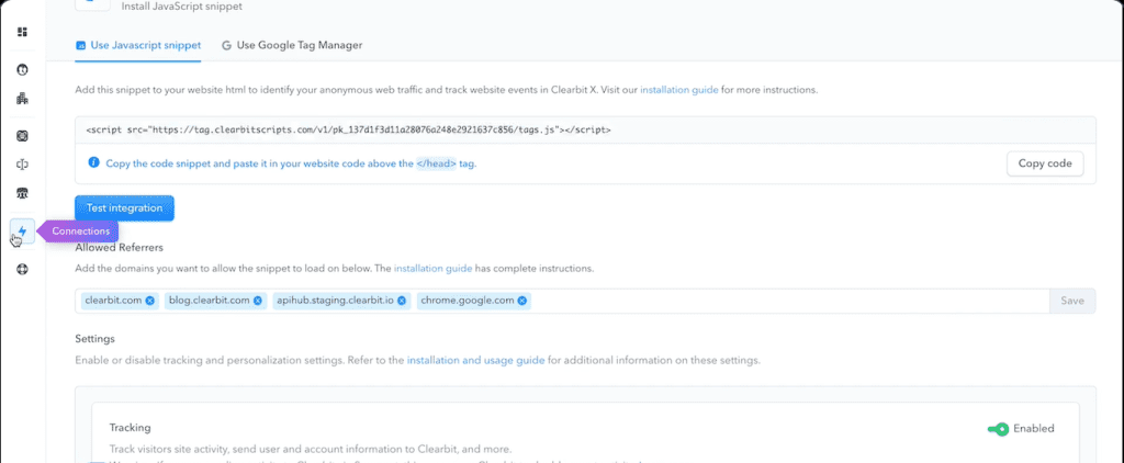 B2B Database: Clearbit website connection