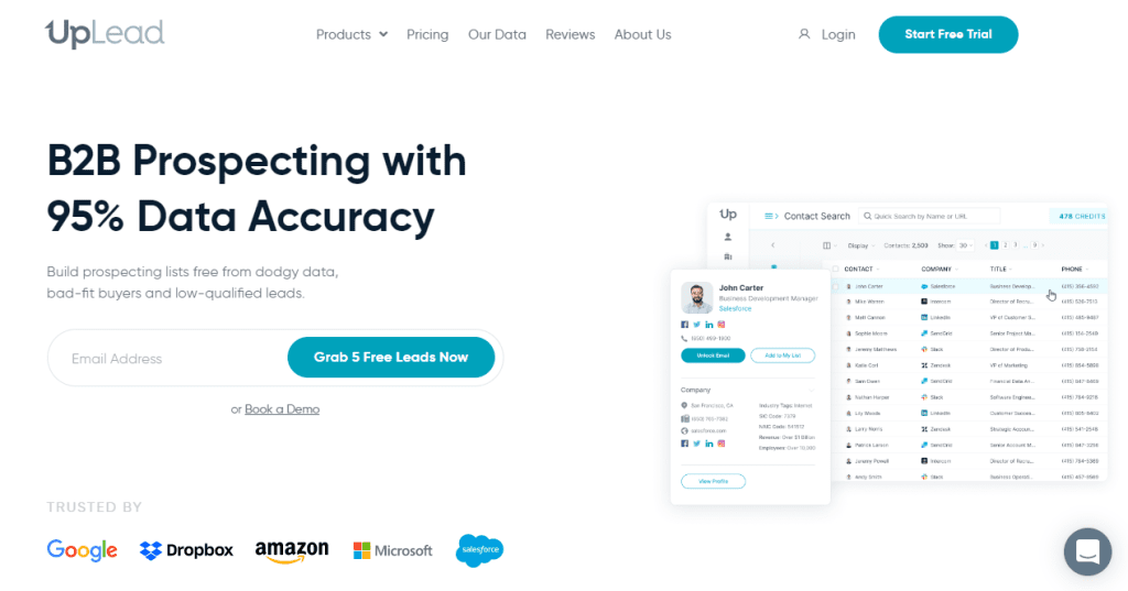 B2B Database: UpLead homepage