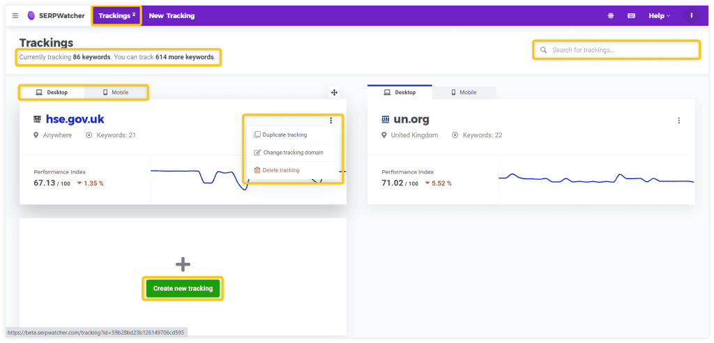 Best Rank Tracking Tool: SERPWatcher Trackings Tab