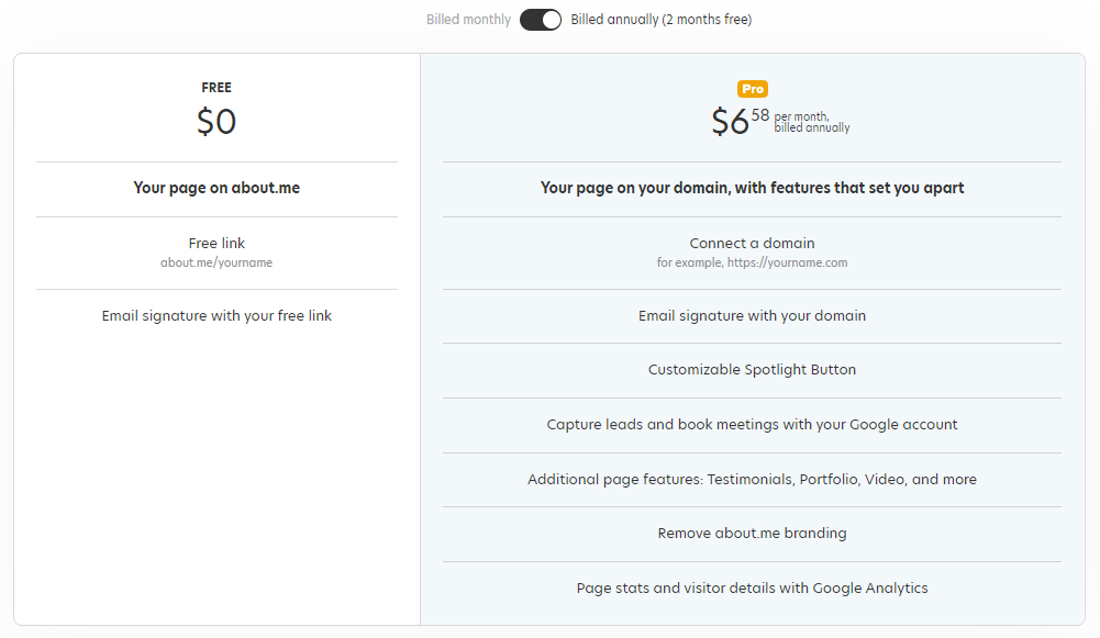 Digital Business Card - About.me Pricing