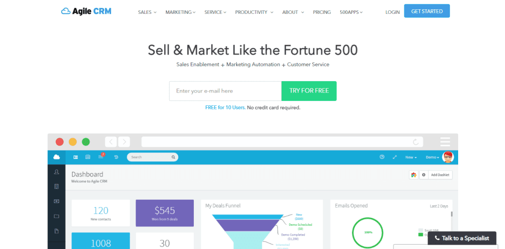 CRM for Startups: Agile CRM Homepage