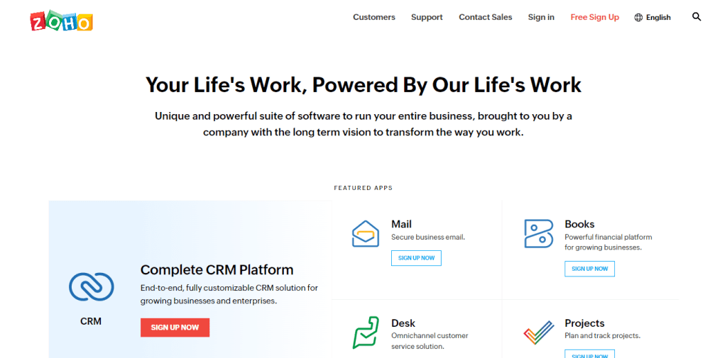 CRM for Startups: Zoho CRM Homepage