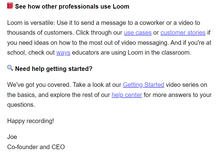 Loom welcome email continued
