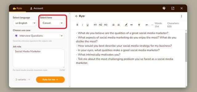 Rytr AI Writing Tool - Casual Tone
