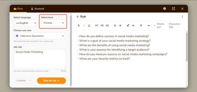 Rytr AI Writing Tool - Formal Tone