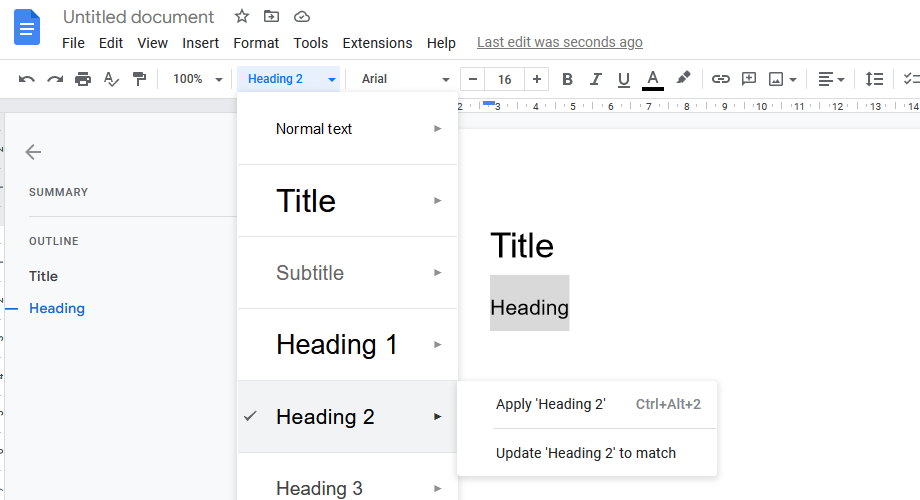 Clicking the text style menu on google docs will make a drop down appear with options to set a text as Heading 1, Heading 2, Heading 3, etc.