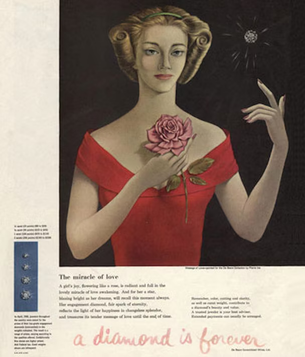 Image is an illustration of a woman holding a rose and pointing to a floating diamond. Text says "a diamond is forever".
