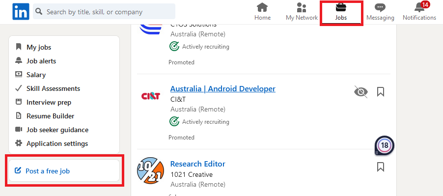 LinkedIn dashboard. The "jobs" icon and the "post a free job" tab are highlighted.