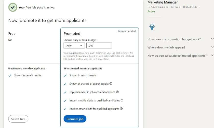 LinkedIn showing the estimated monthly applicants on a promoted post.