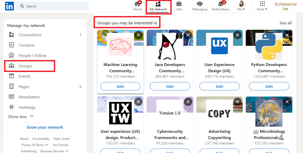 Recruiting on LinkedIn - Accessing LinkedIn groups through the toolbar. The "my network" and "groups" icon are highlighted.