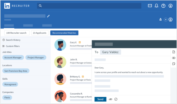 Shows recruiter search and InMail feature as popup tab